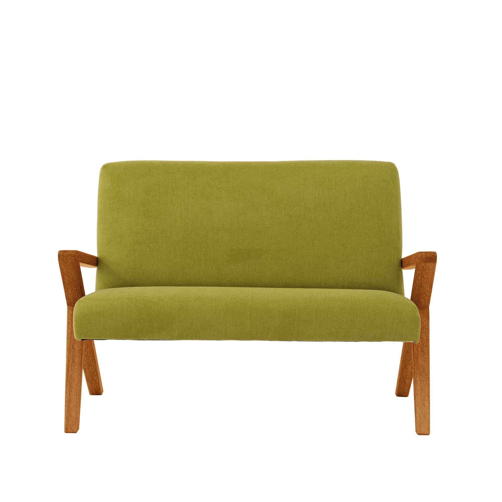 2 Seater Sofa, Beech Wood Frame, Oak Colour green fabric, front view