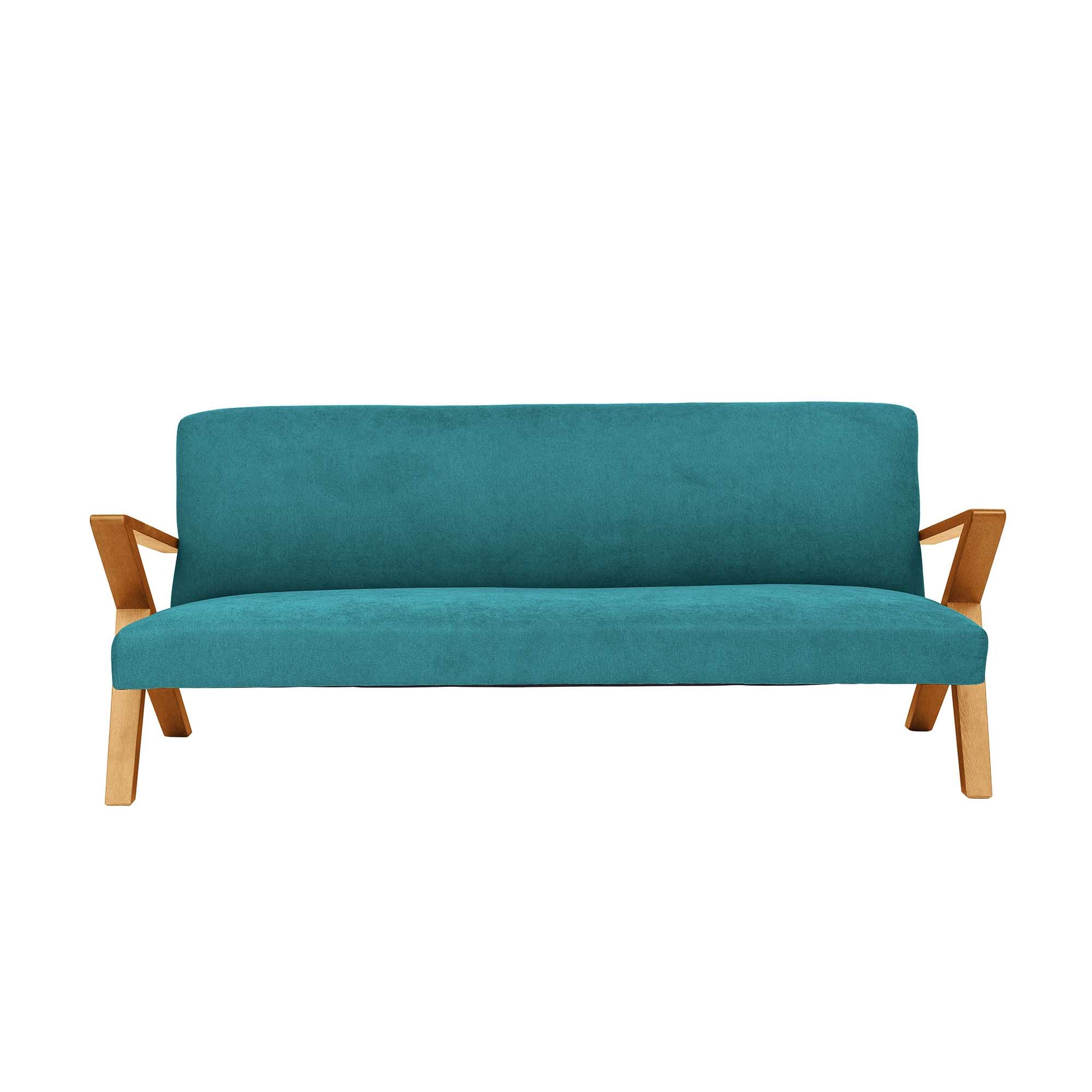 4-seater Sofa Beech Wood Frame, Oak Colour blue fabric, front view