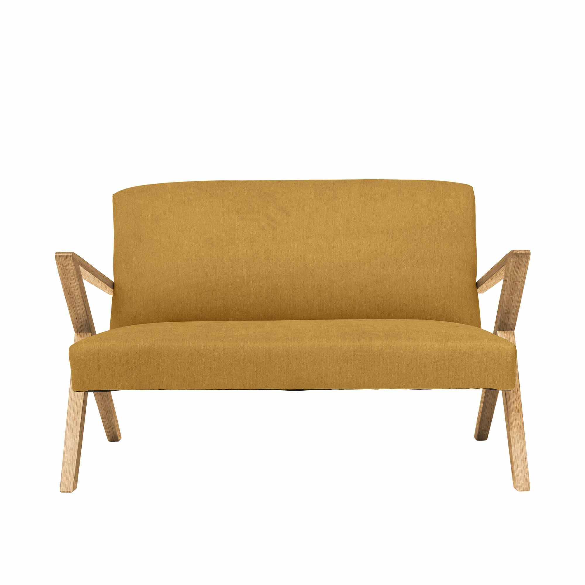  2-Seater Sofa, Oak Wood Frame, Natural Colour yellow fabric, front view