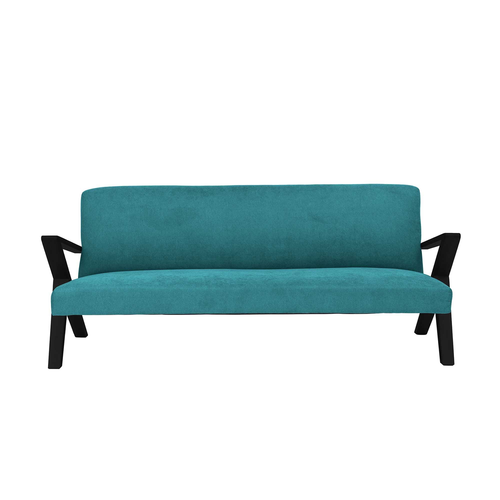 4-seater Sofa Beech Wood Frame, Black Lacquered blue fabric, front view