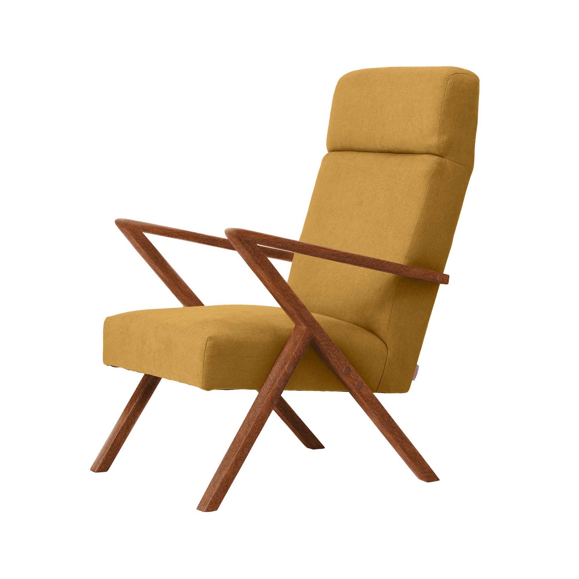 Lounge Chair, Beech Wood Frame, Walnut Colour yellow fabric, left-side