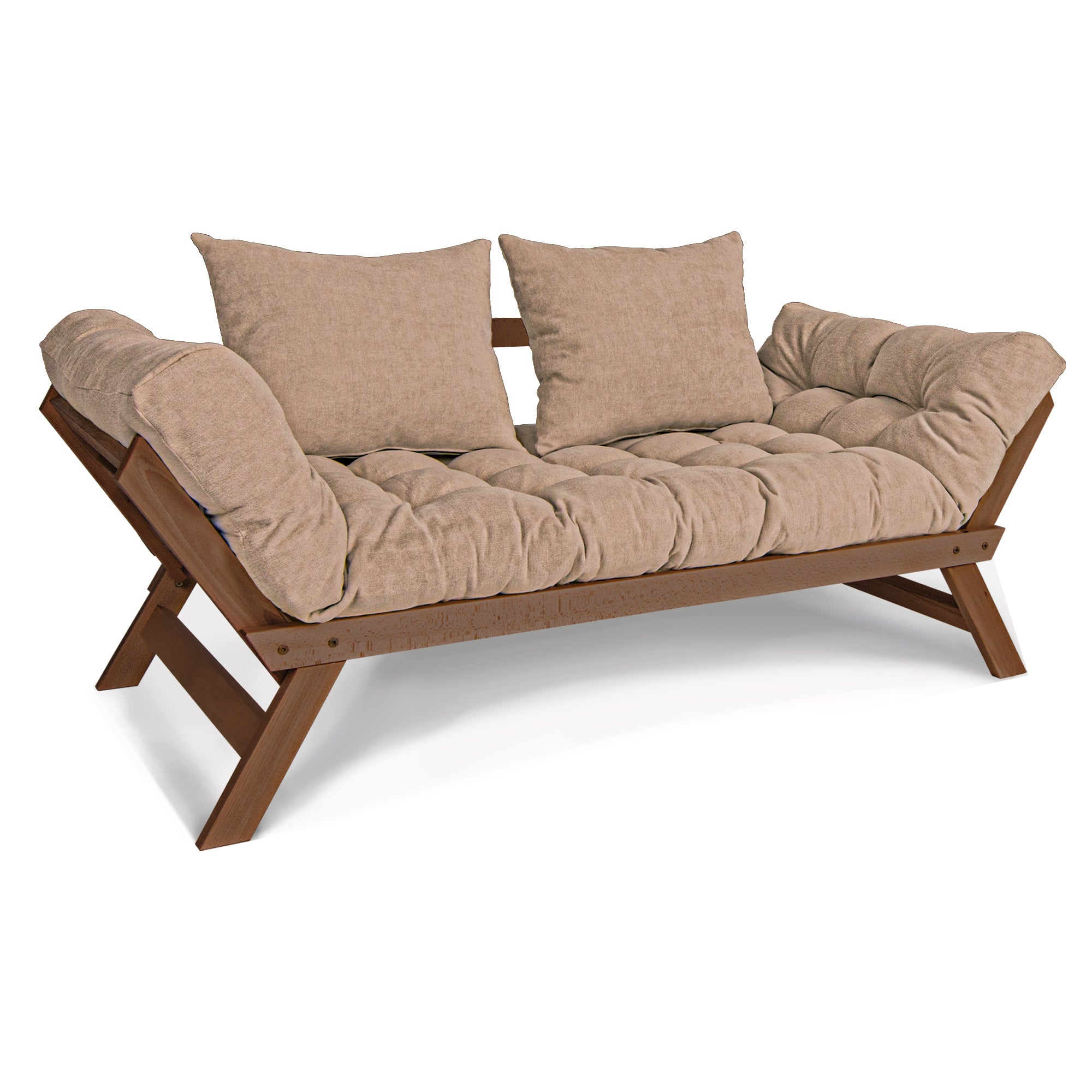 ALLEGRO Folding Sofa Bed, Beech Wood Frame, Walnut Colour upholstery beige