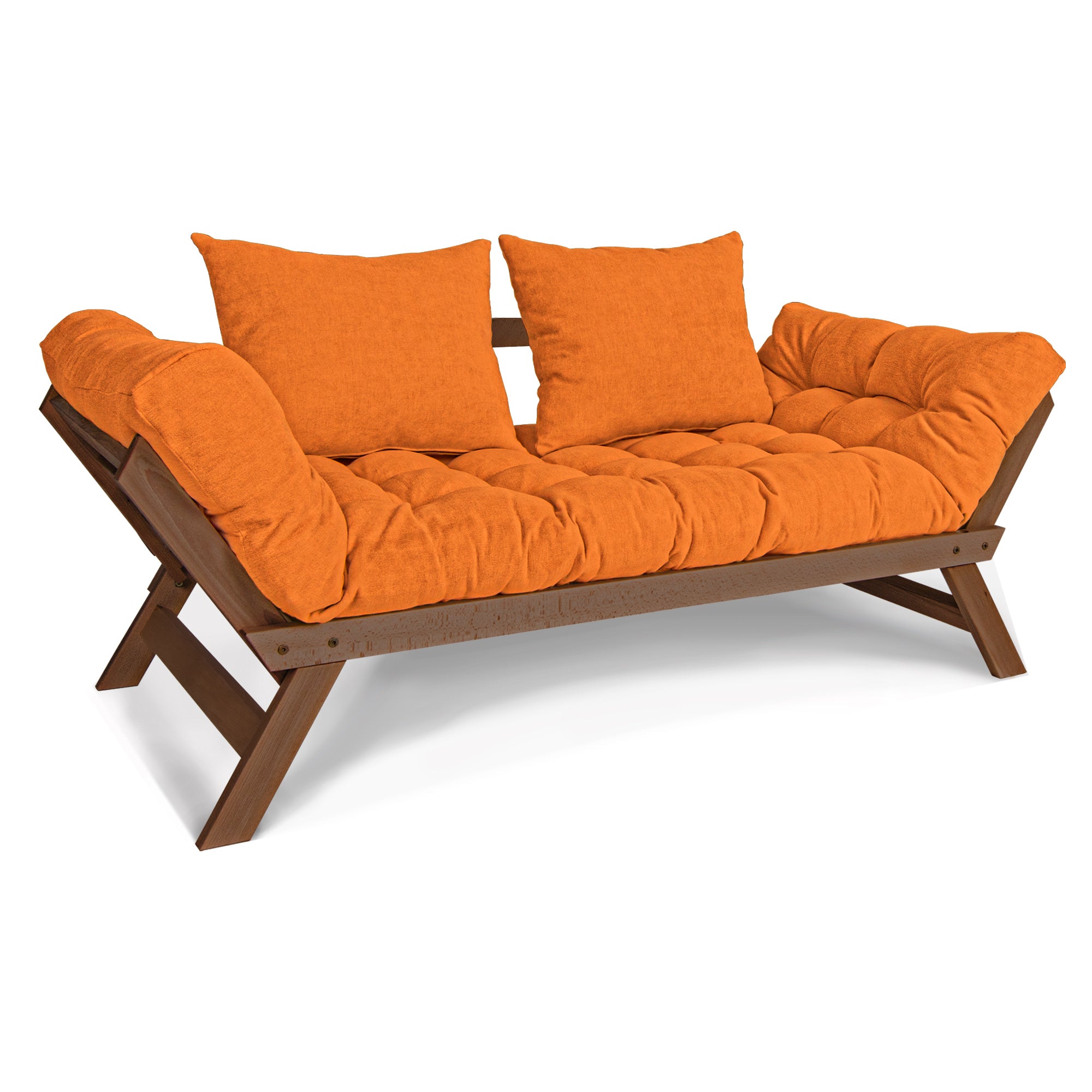 ALLEGRO Folding Sofa Bed, Beech Wood Frame, Walnut Colour upholstery orange