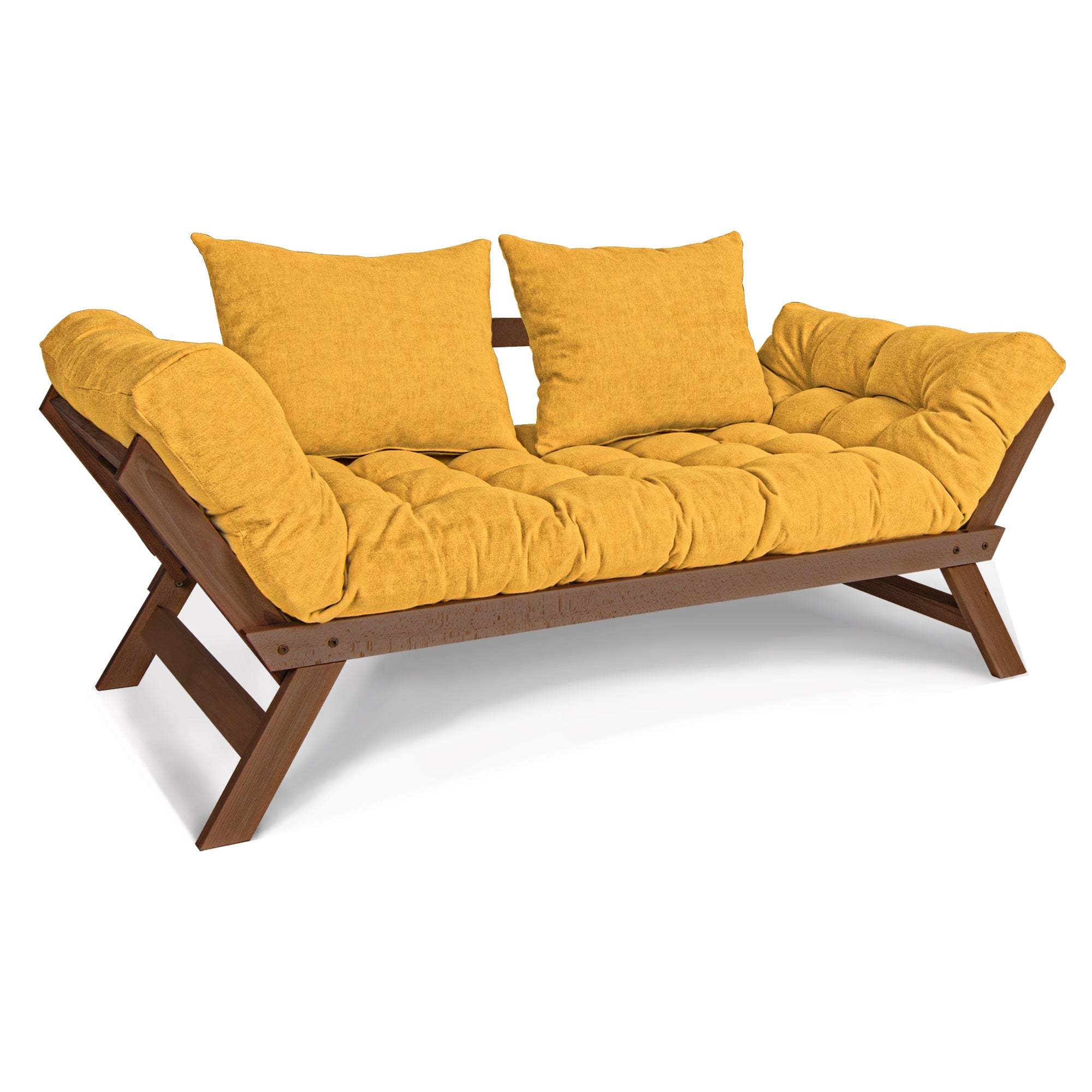 ALLEGRO Folding Sofa Bed, Beech Wood Frame, Walnut Colour upholstery yellow