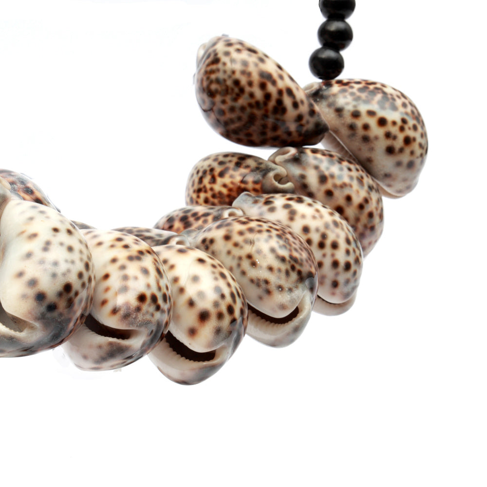 THE TIGER COWRIE NECKLACE BLACK WOOD On Stand macro view