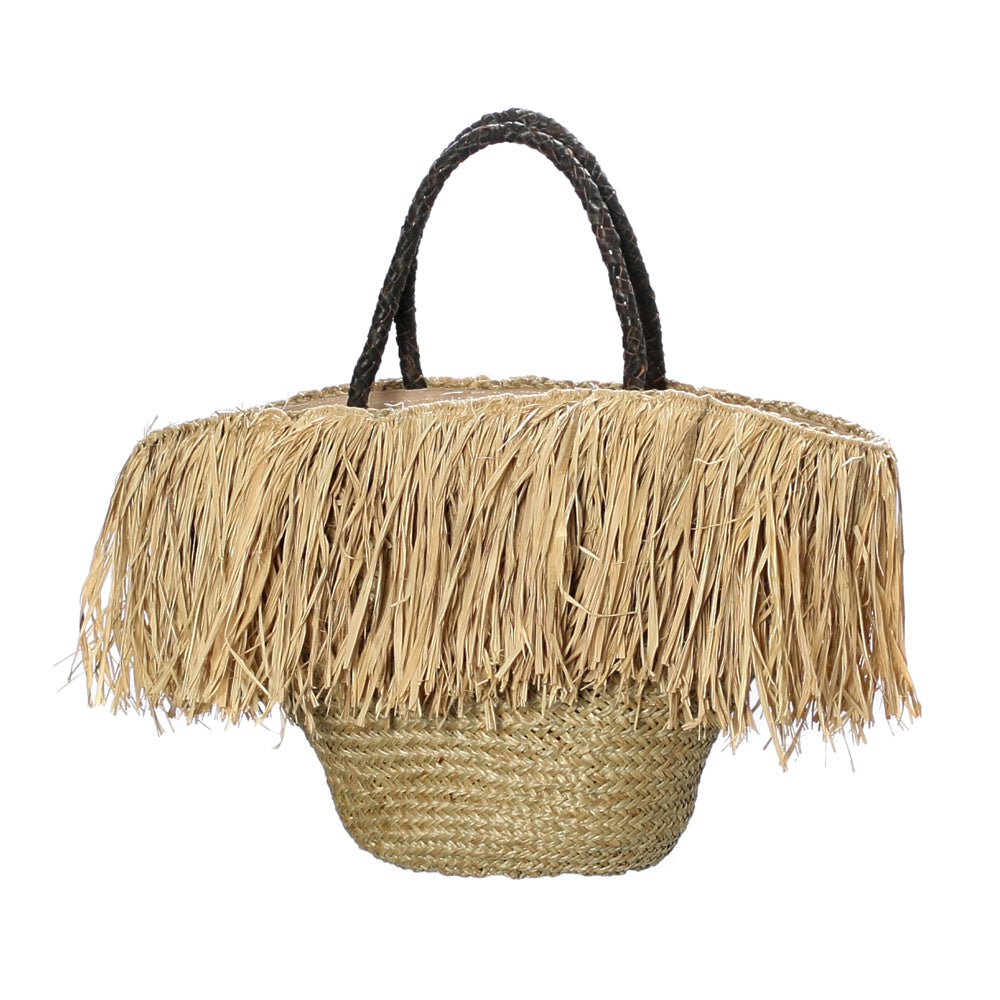 THE FRINGE RAFFIA Basket with Leather Handle-Natural