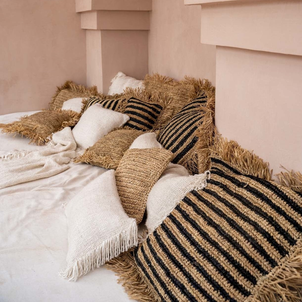 THE RAFFIA STRIPED COTTON Cushion Cover Natural Black