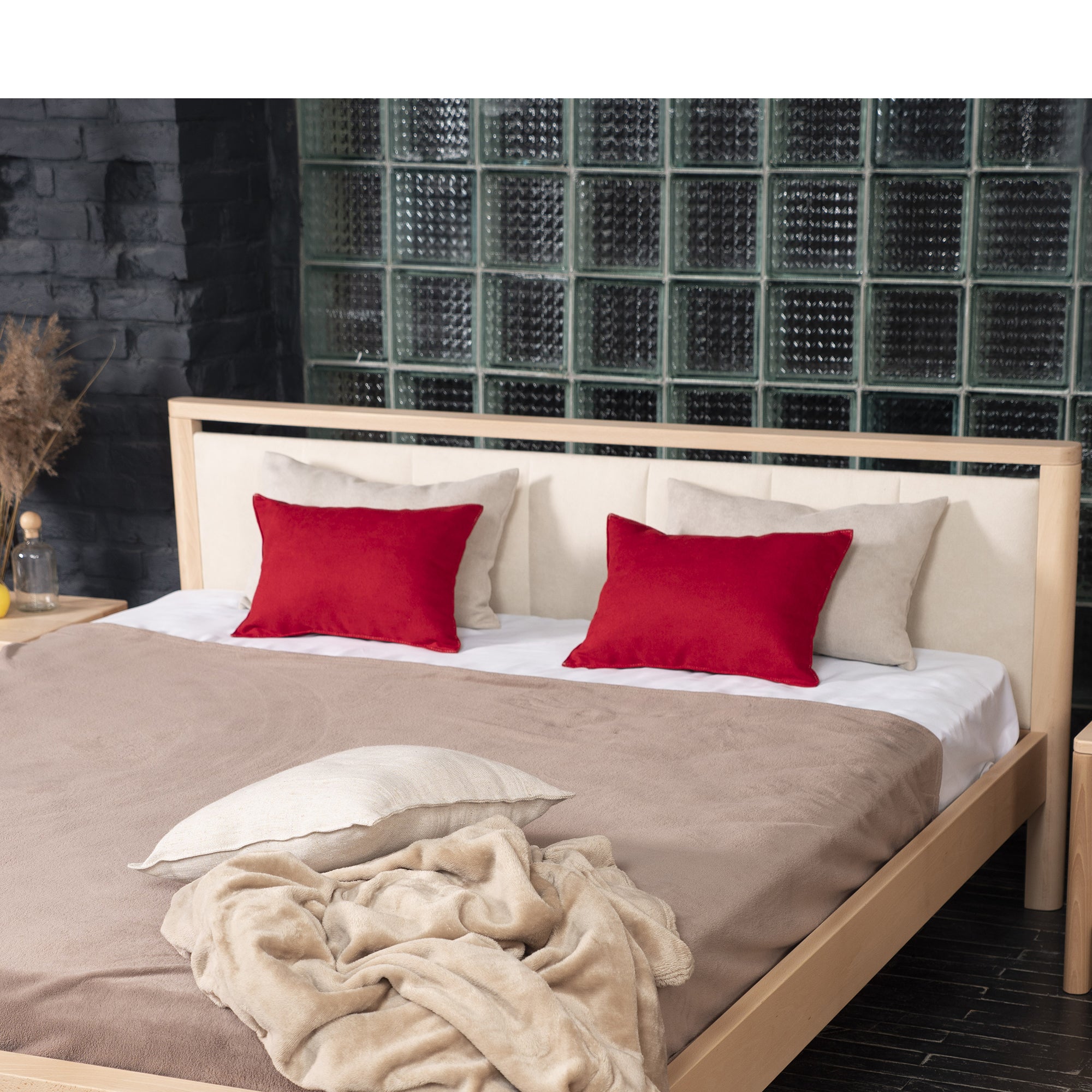 DROP SOFT Double Bed Natural Wood Beech Frame with Upholstered Headboard