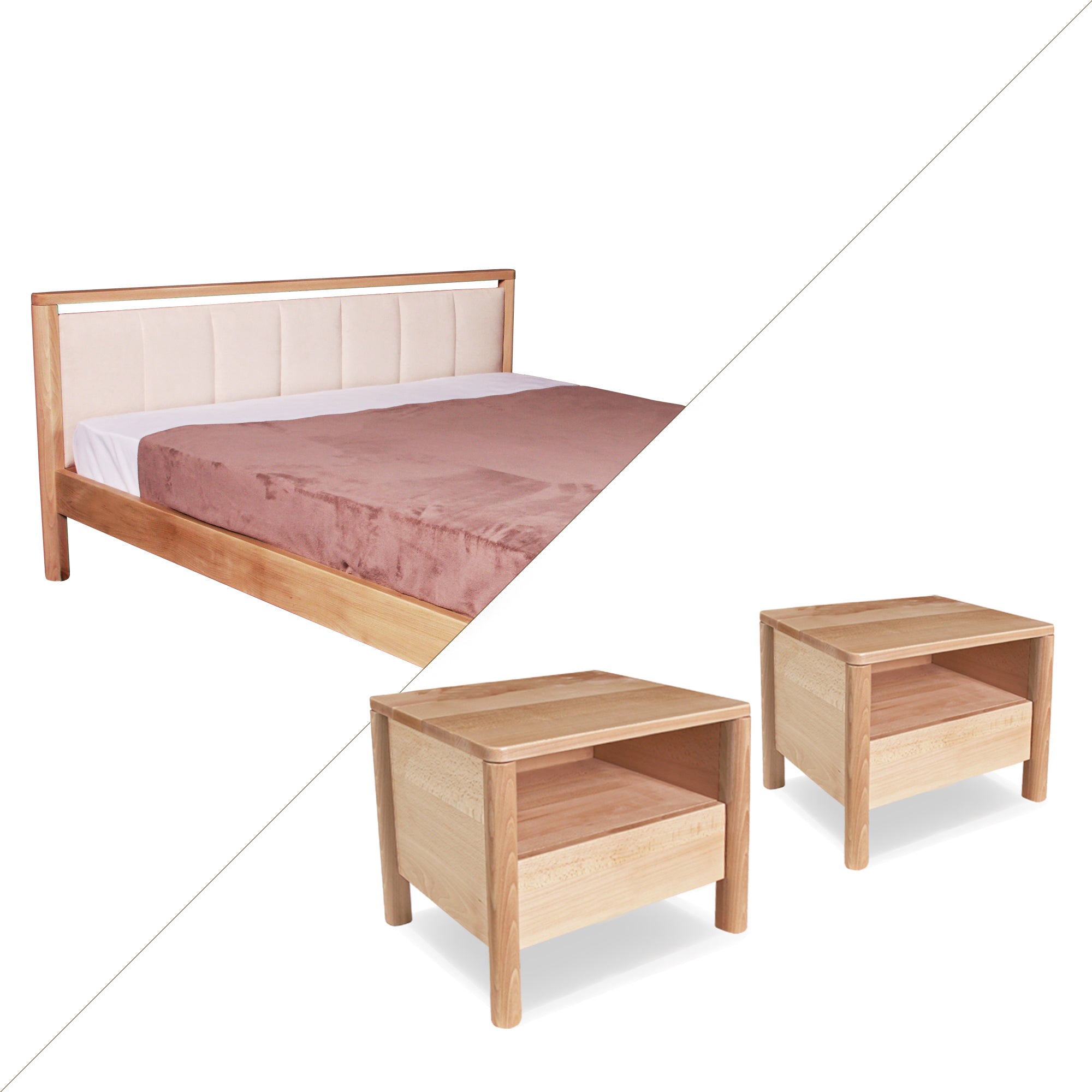 Bedroom Set DROP SOFT, Bed with 2 Bedside Tables, Natural Colour