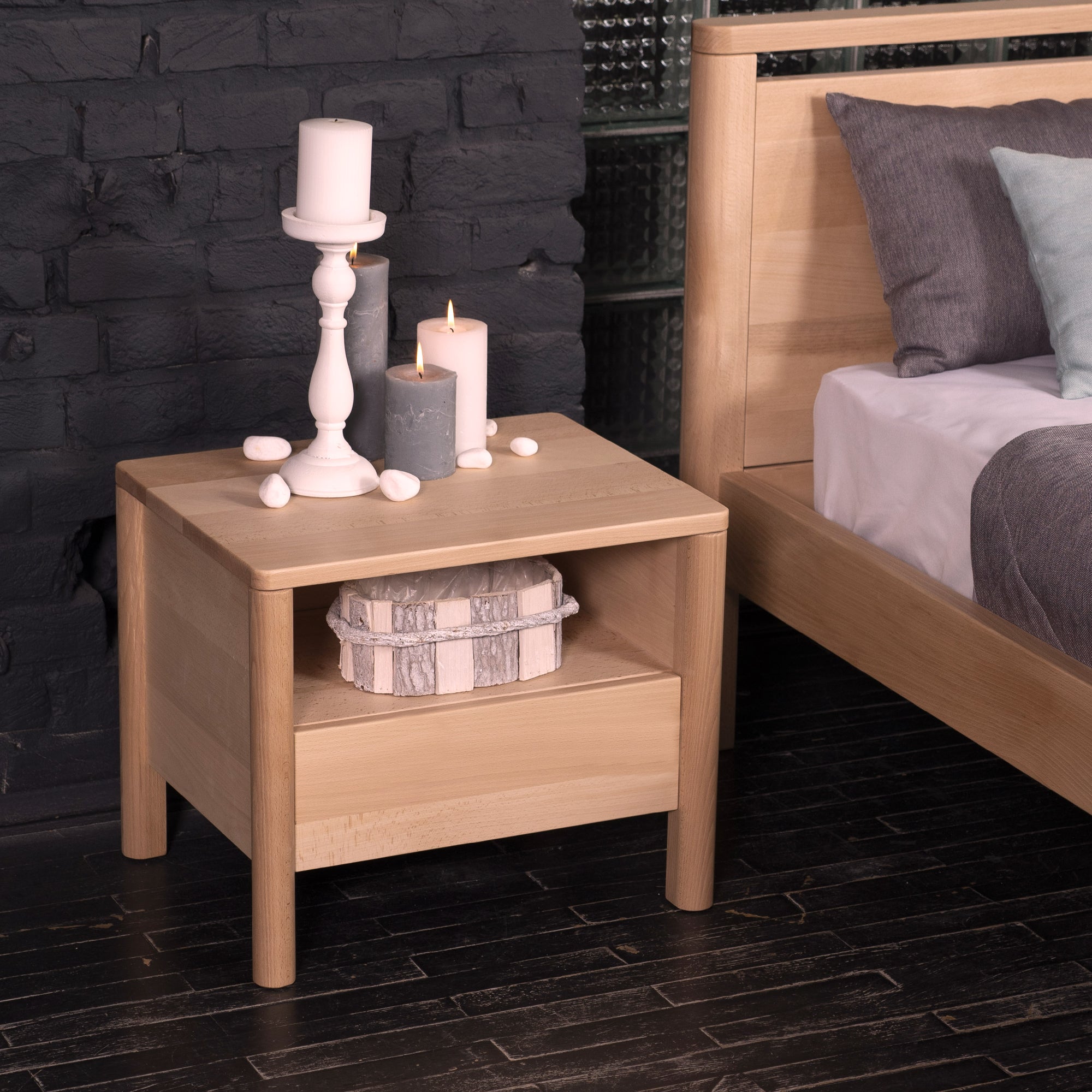 Bedside table DROP SOFT front interior view with candles