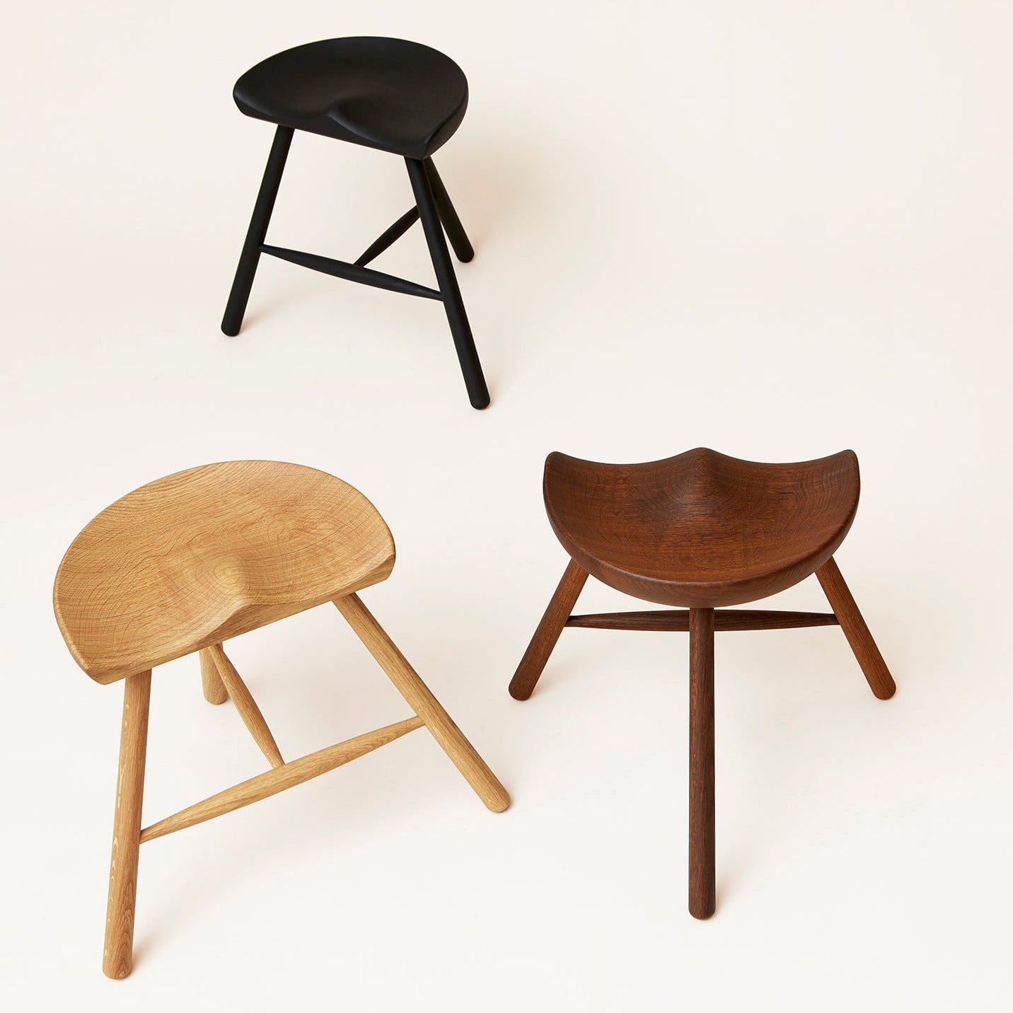 Three SHOEMAKER Chairs, black, natural and brown. made of oak or beech