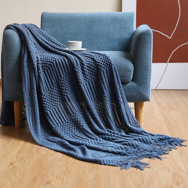 Decorative Knitted Blanket with Tassels blue interior view