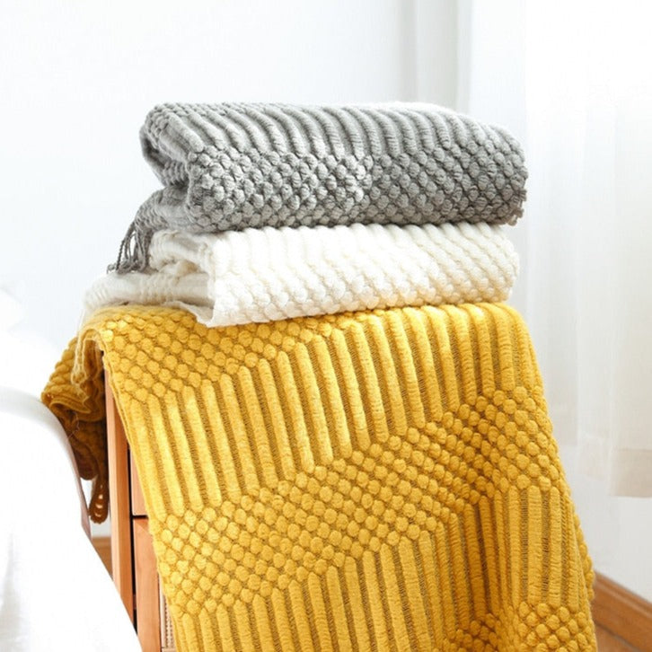 Decorative Knitted Blanket with Tassels gre, white and yellow