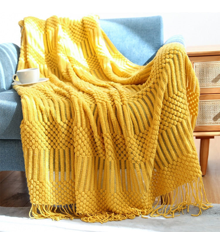 Decorative Knitted Blanket with Tassels yellow