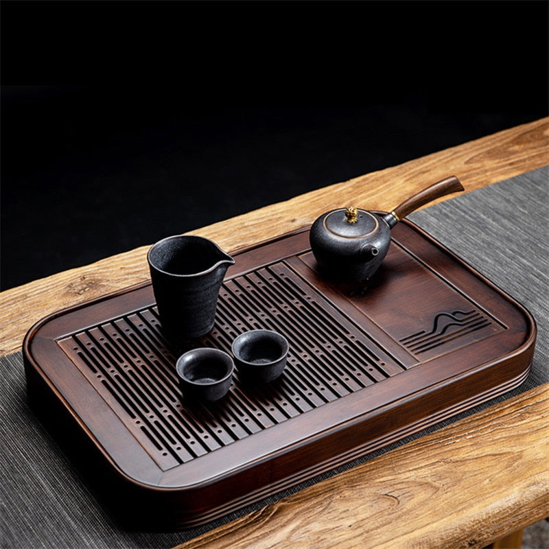 Natural Bamboo Wood Rectangle Tea Set with cups and kettles