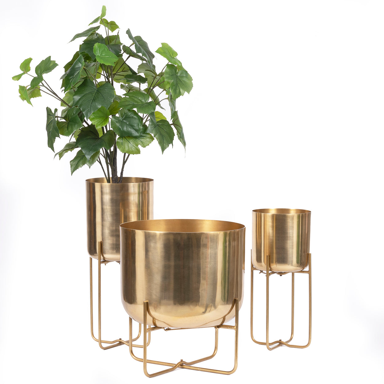 THE BRASS Planter On Stand three pieces with a plant