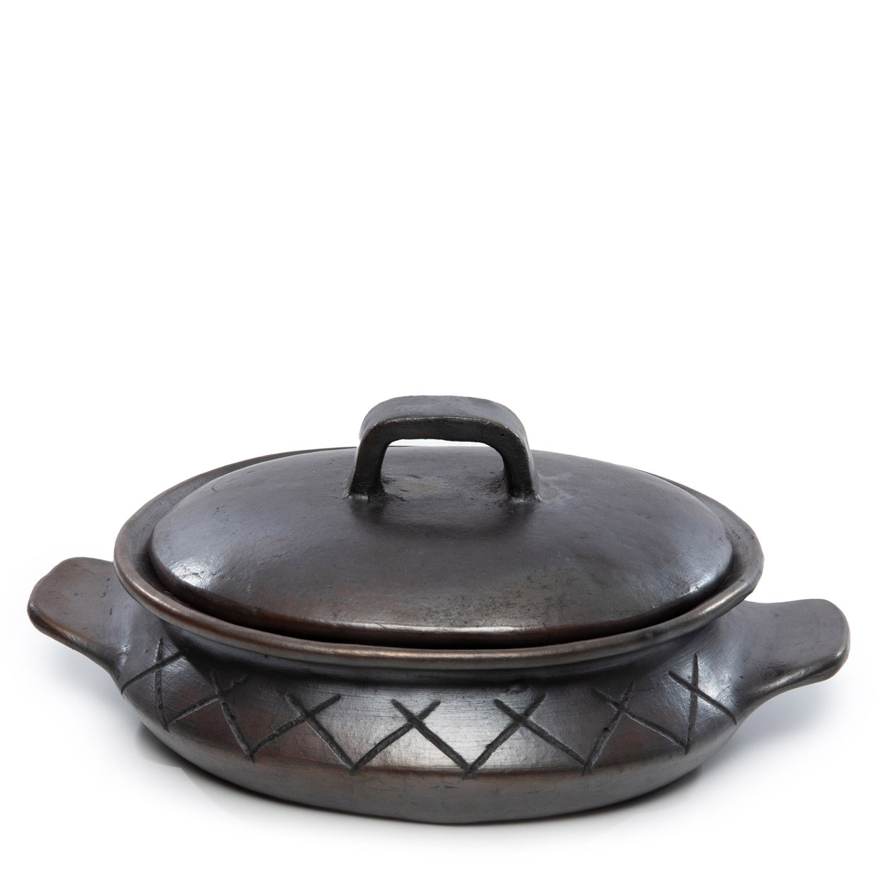 THE BURNED Curry Pot With Pattern and Side Handles front view