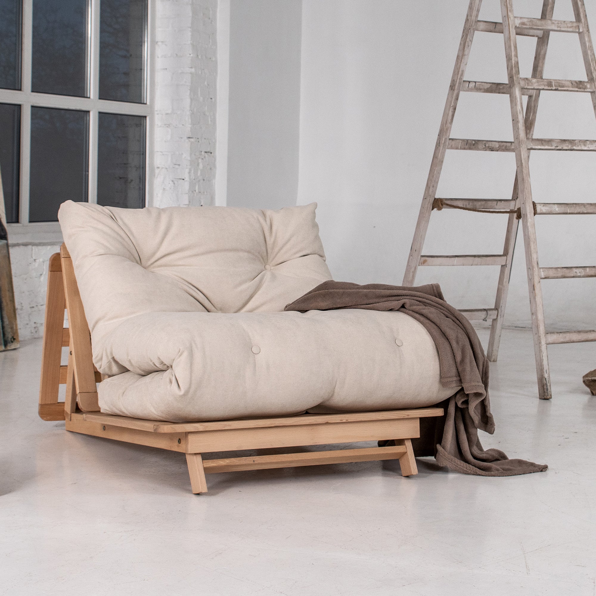 LAYTI-90 Futon Chair, Beech Wood Frame, Natural Colour-creamy fabric-interior view