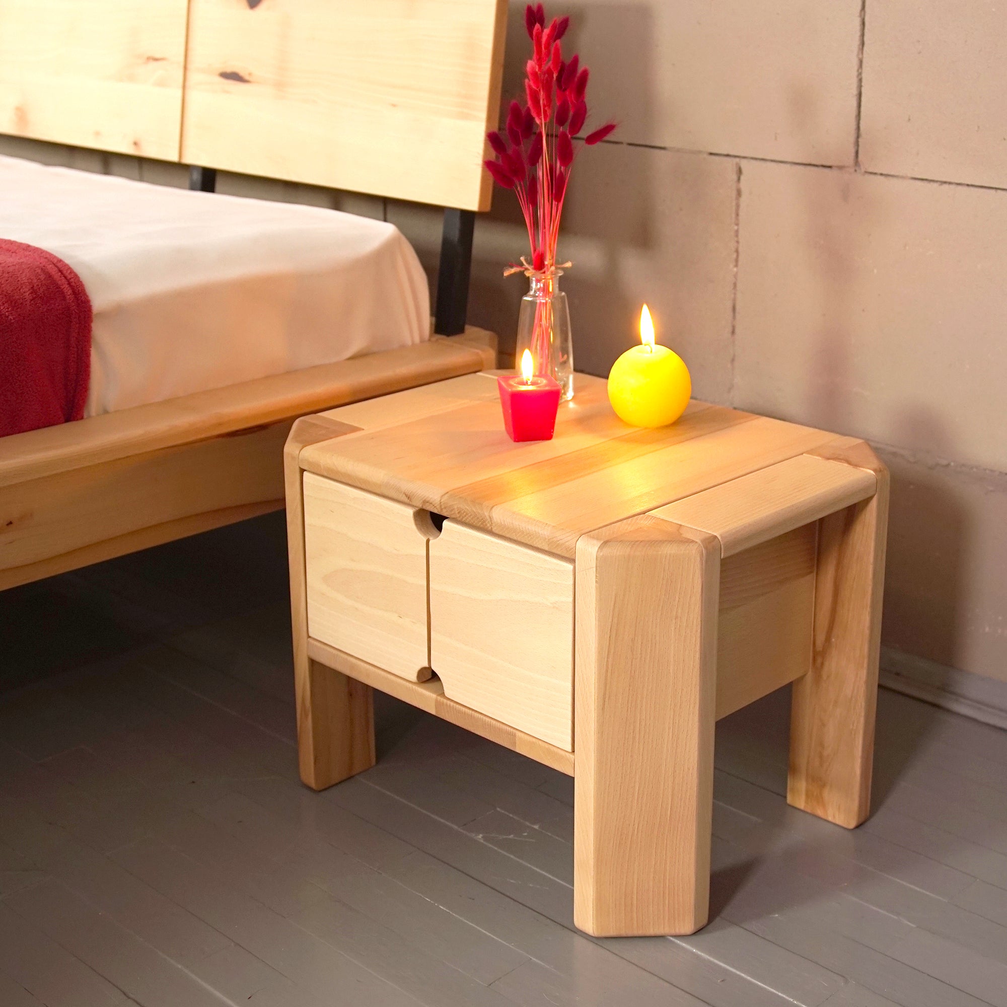 LOFT Bedside Table, Beech Wood-natural colour-with doors-interior view with candles