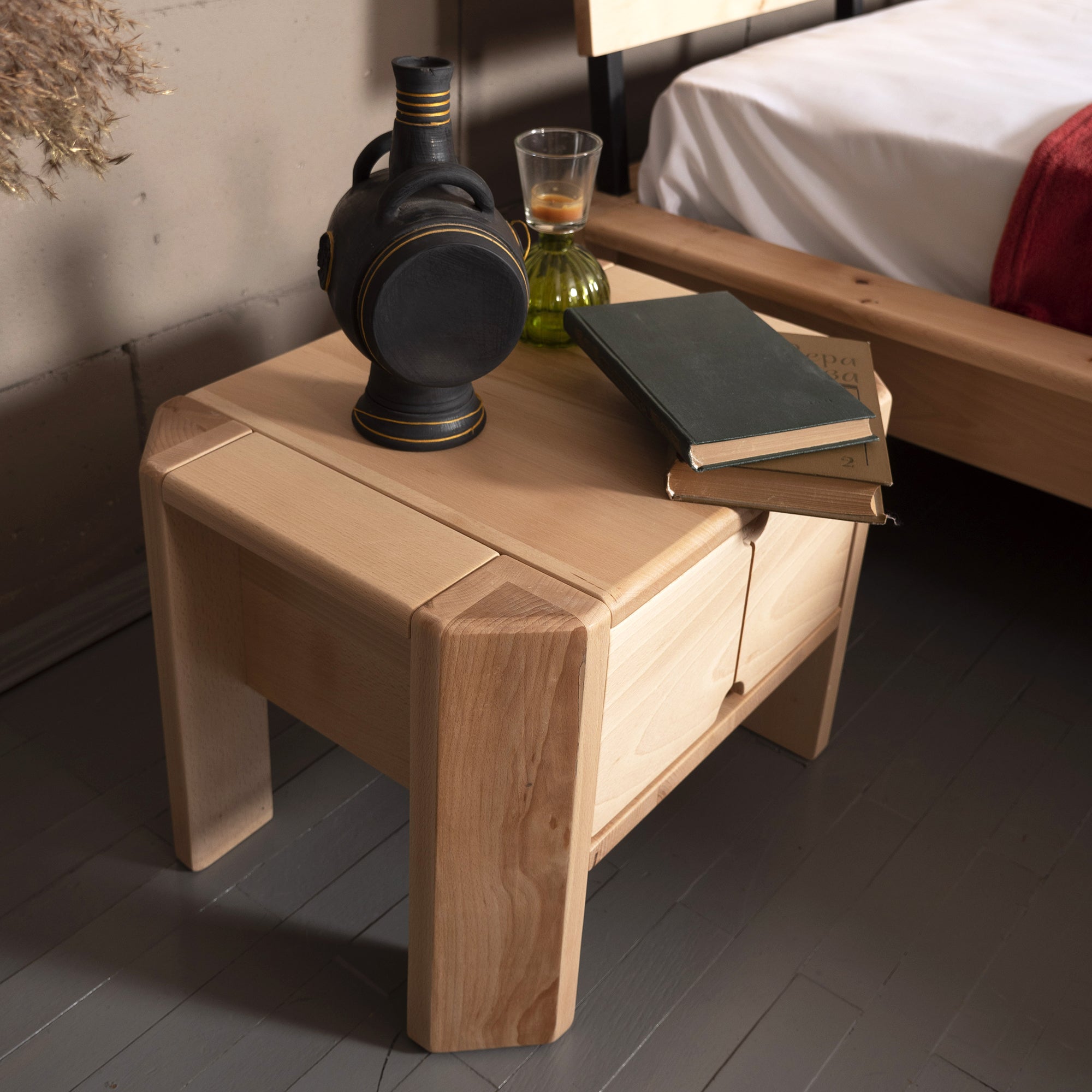 LOFT Bedside Table, Beech Wood-natural colour-with doors-interior top view