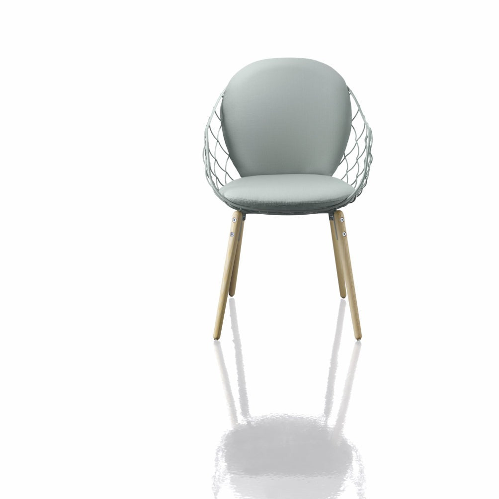 PINA Chair white colour, front view, wooden  base, made of solid ash