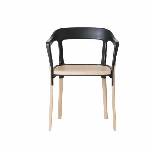 STEELWOOD Chair black frame and wooden base and seat, front view