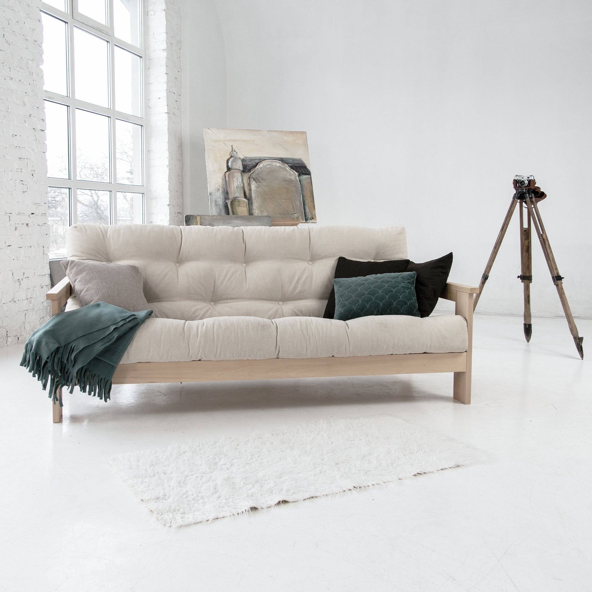 MEXICO Folding Sofa Bed, Beech Wood Frame, Natural Colour-creamy fabric colour-interior view