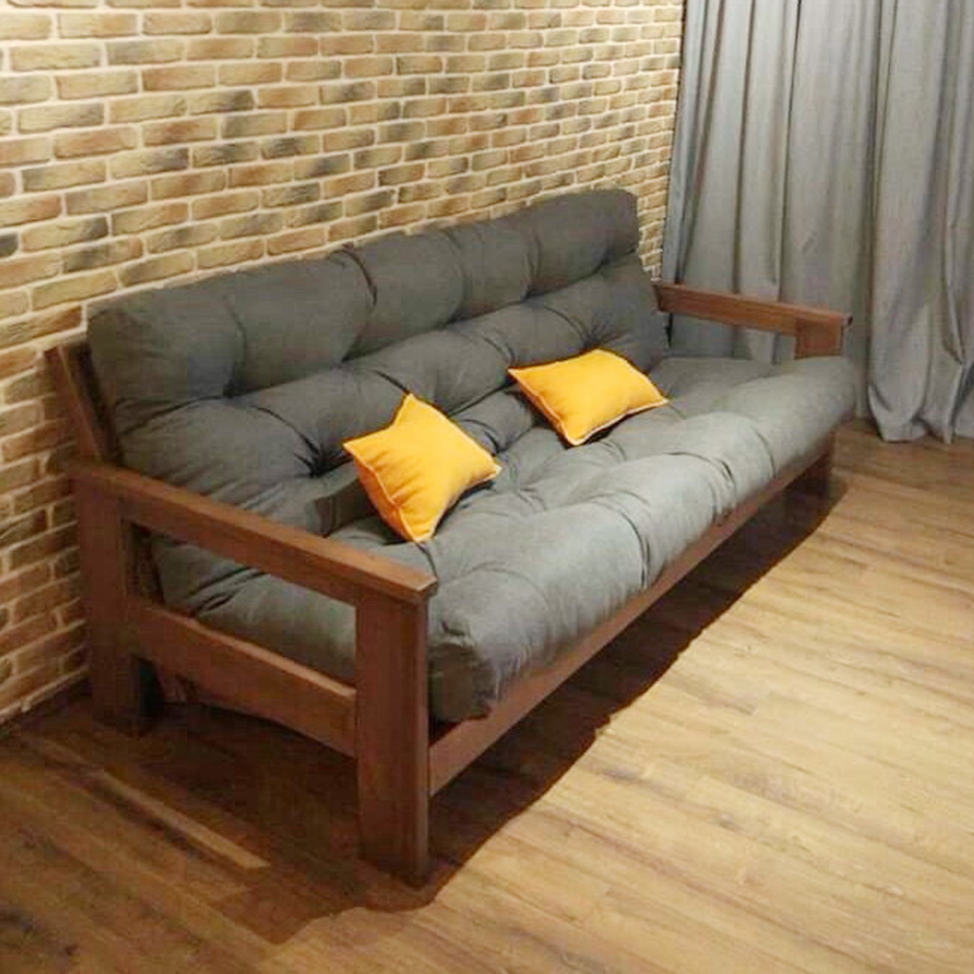 MEXICO Folding Sofa Bed-Beech Wood Frame-Walnut Colour-gray fabric colour