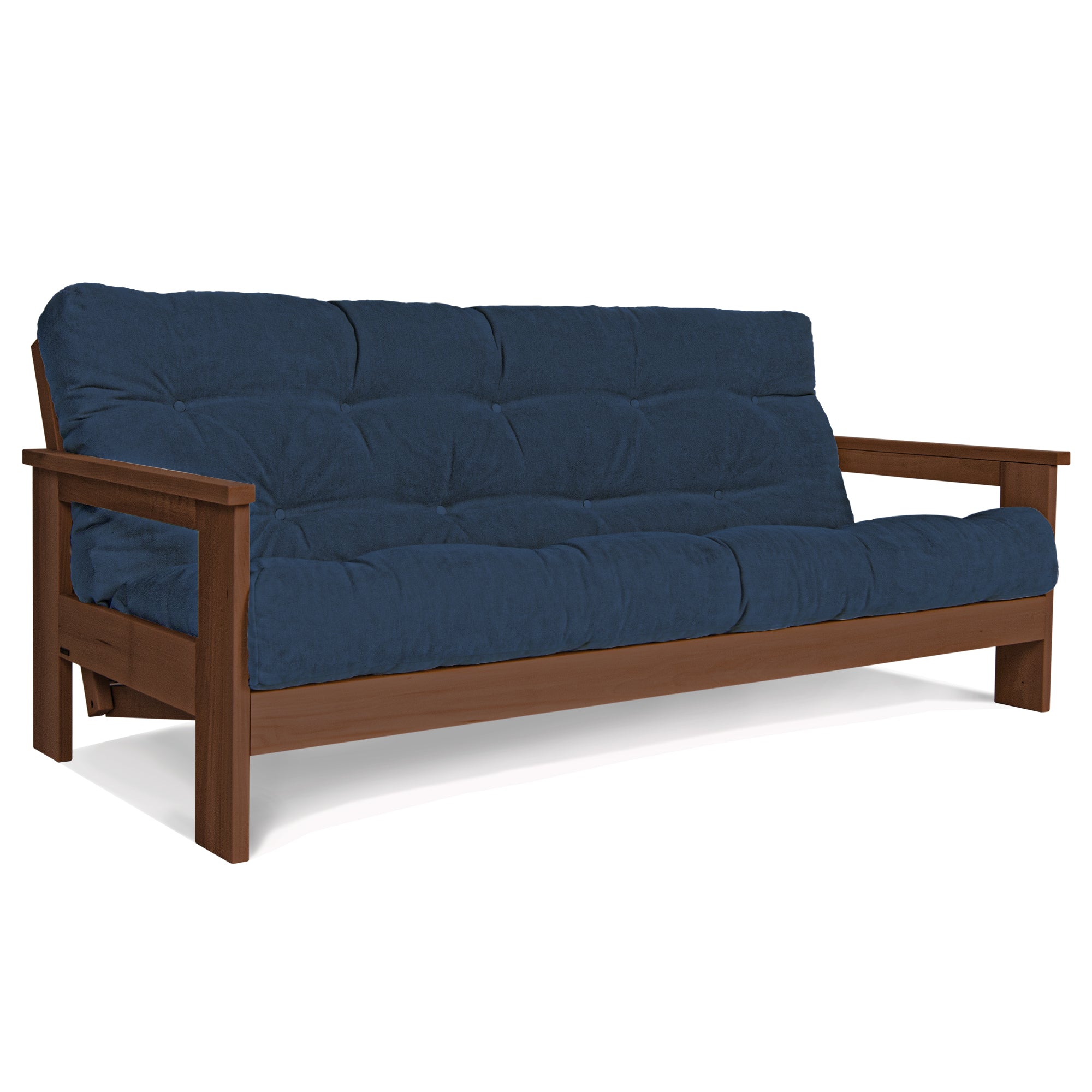 MEXICO Folding Sofa Bed-Beech Wood Frame-Walnut Colour-gray fabric colour-blue fabric colour
