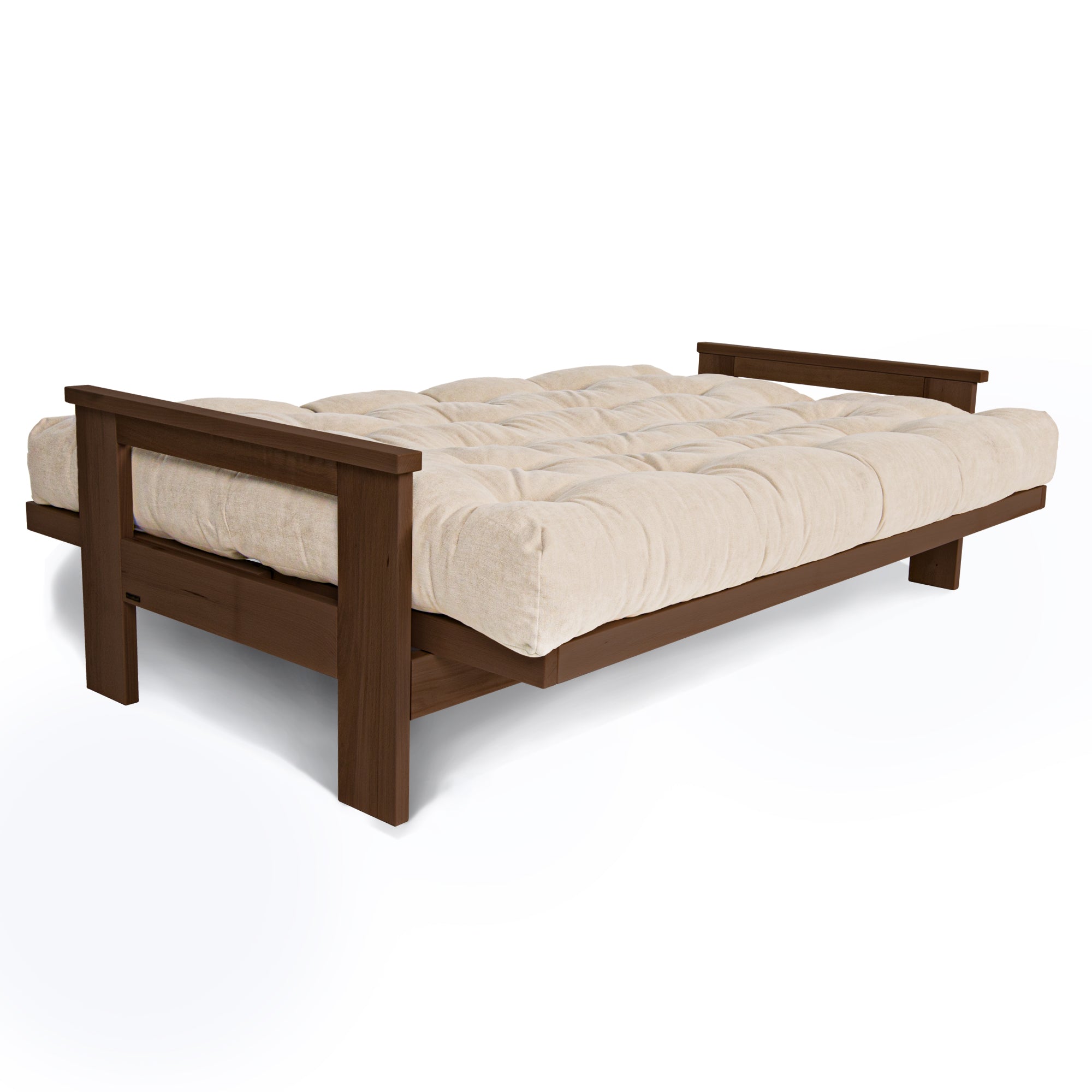 MEXICO Folding Sofa Bed-Beech Wood Frame-Walnut Colour-creamy fabric colour-folded view