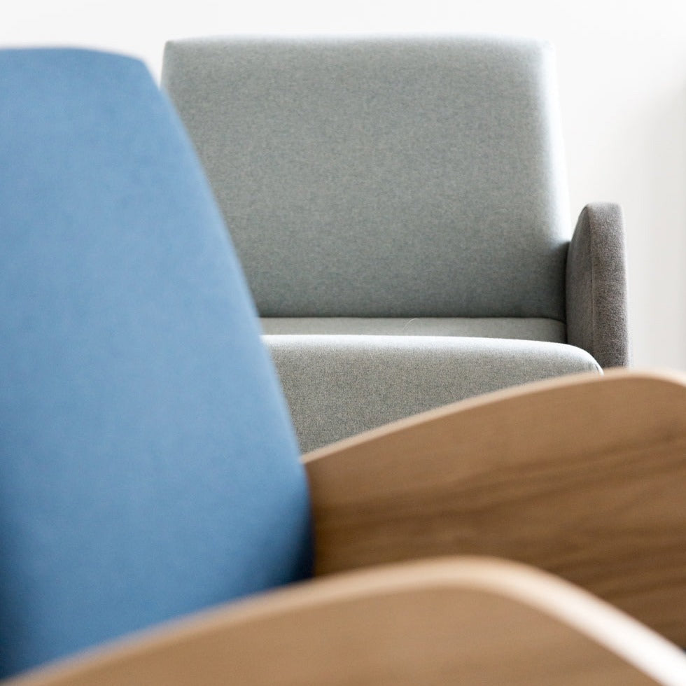 R360 Armchair walnut frame upholstery colour  blue and grey