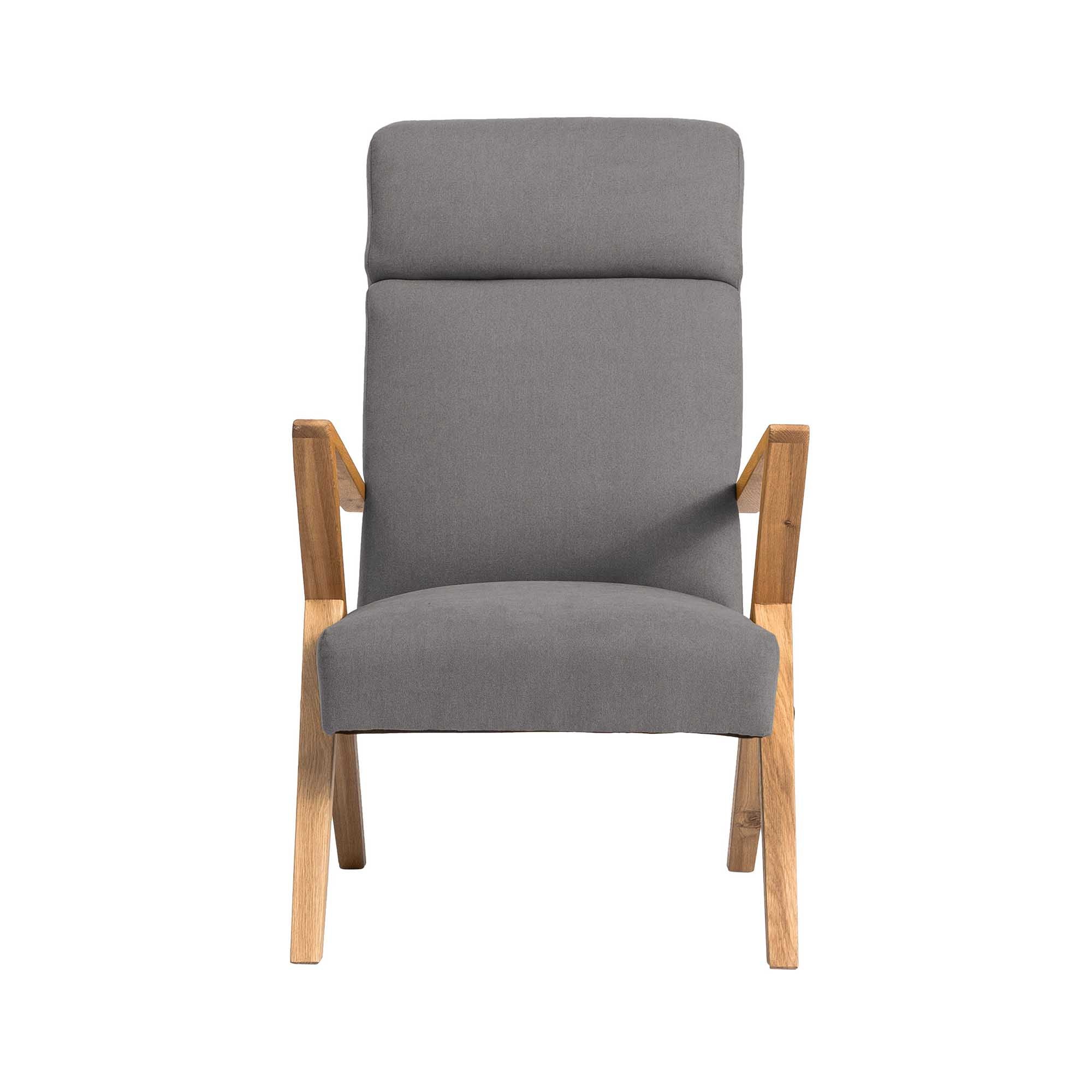 Lounge Chair, Oak Wood Frame, Natural Colour grey fabric, front view
