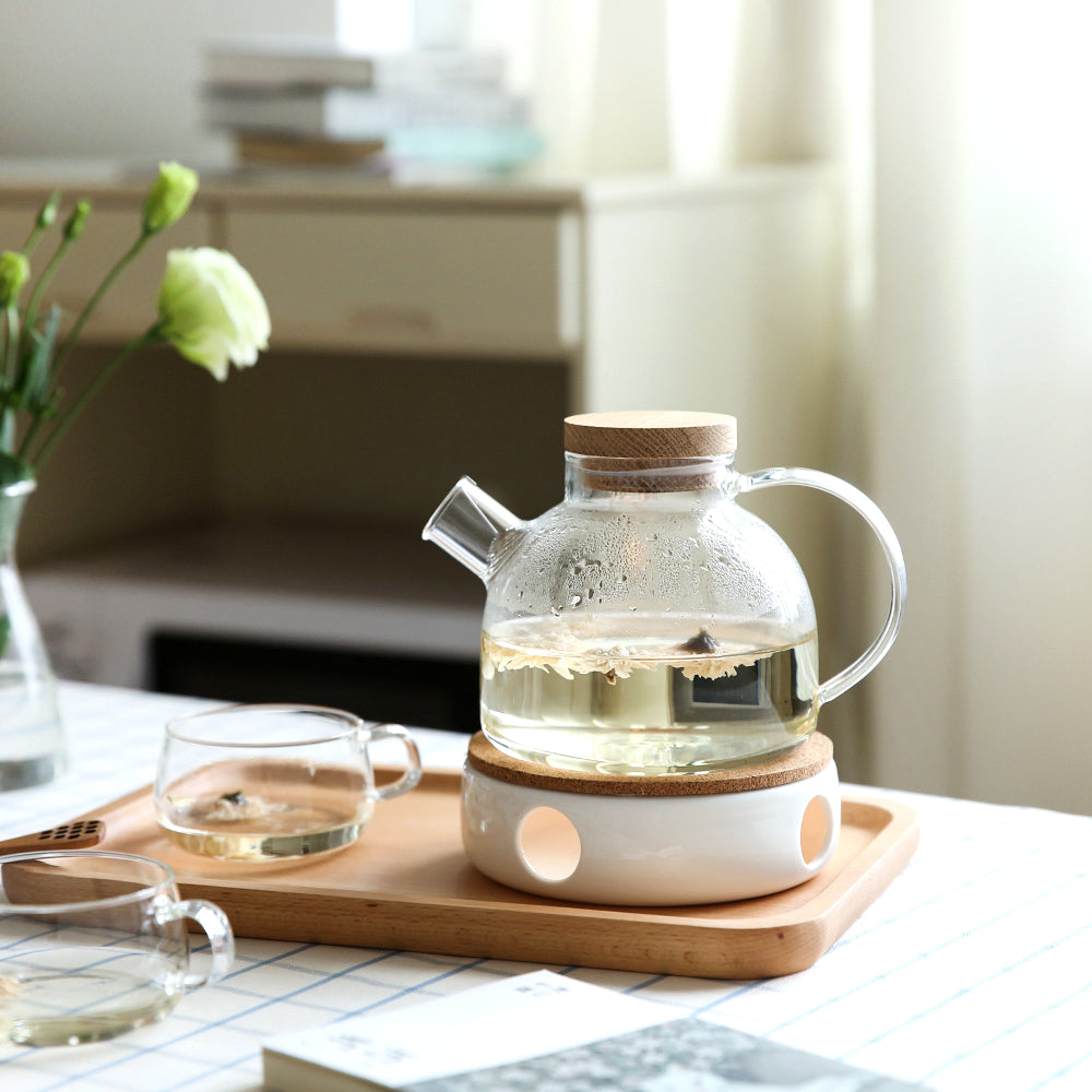 Drinkware Glass Teapot Heat-Resistant Kettle with Wooden Lid