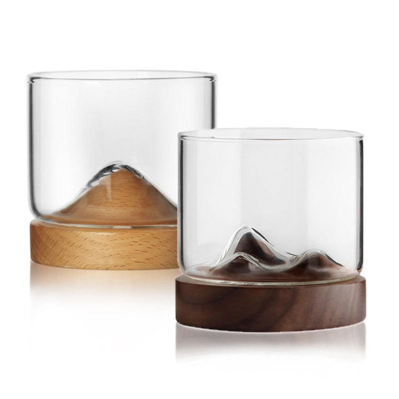 Transparent Mountain Glass with Wooden Base