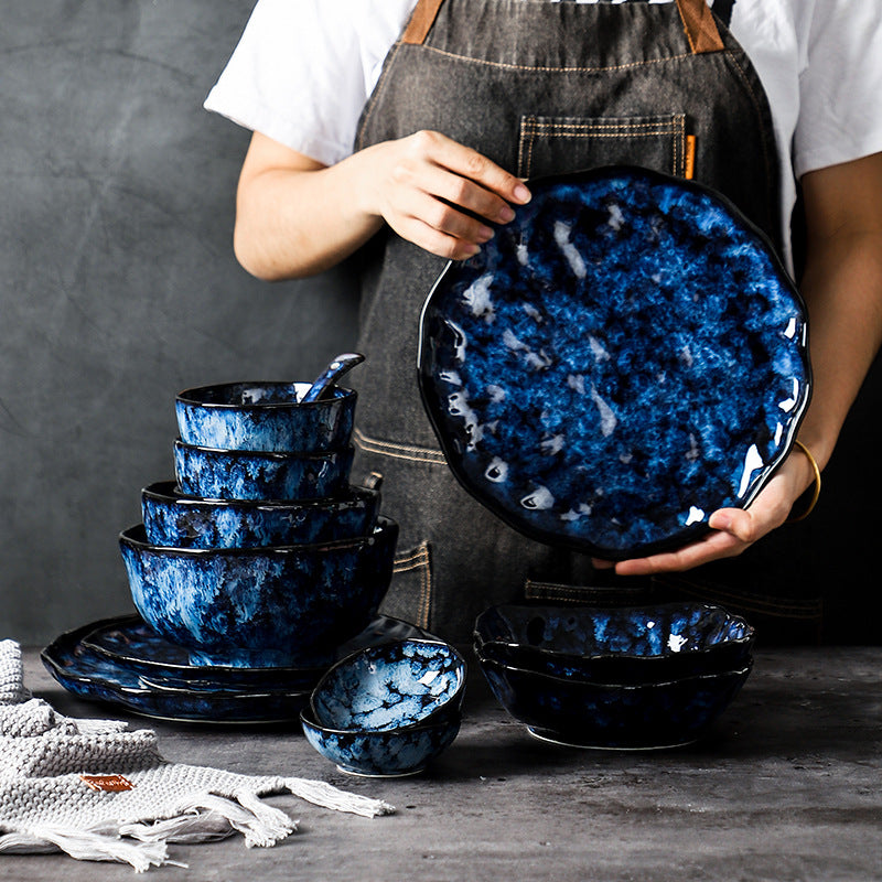 Ceramic Blue Dinner Plates And Bowls Japanese Retro Style
