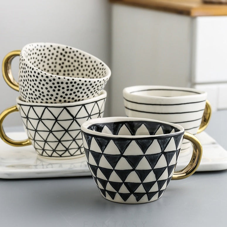 Hand Painted Geometric Ceramic Mugs With Gold Handle