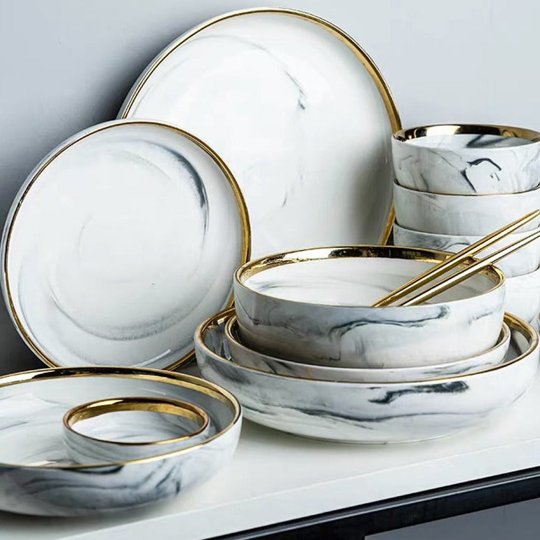 Marble Ceramic Dinner Plates with Golden Rim