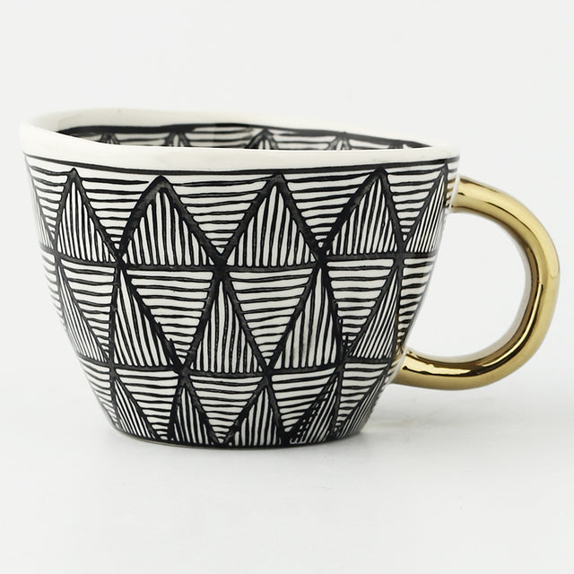 Hand Painted Geometric Ceramic Mugs With Gold Handle