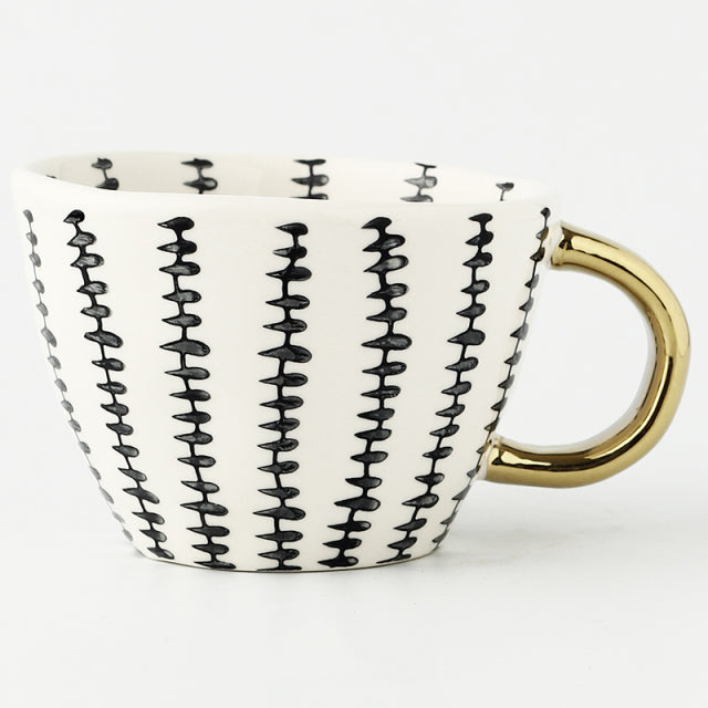 Hand Painted Geometric Ceramic Mugs With Gold Handle