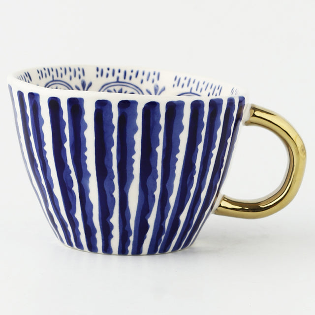 Hand Painted Geometric Ceramic Mugs With Gold Handle