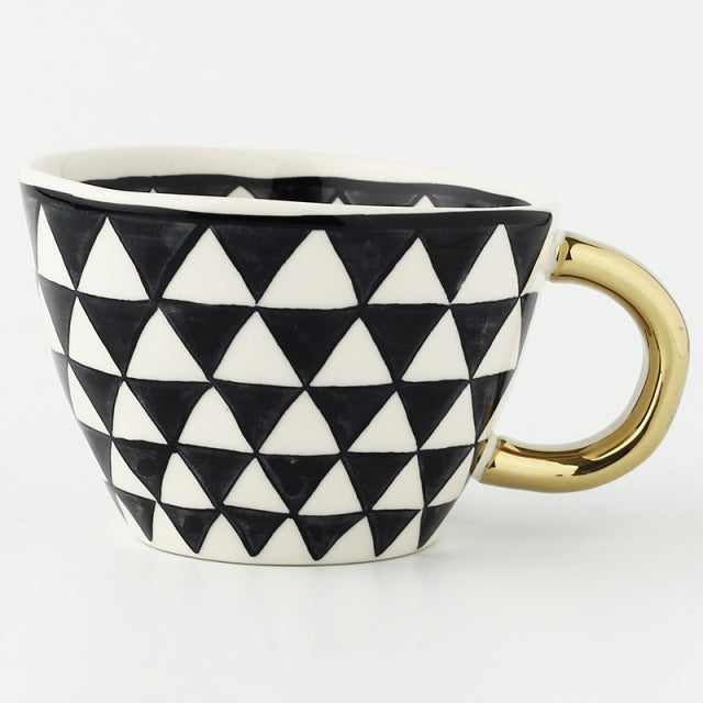 Hand Painted Geometric Ceramic Mugs With Gold Handle