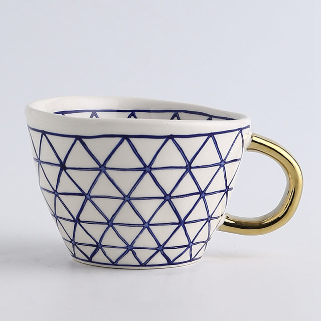 Hand Painted Geometric Ceramic Mugs With Gold Handle