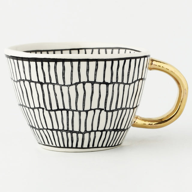Hand Painted Geometric Ceramic Mugs With Gold Handle