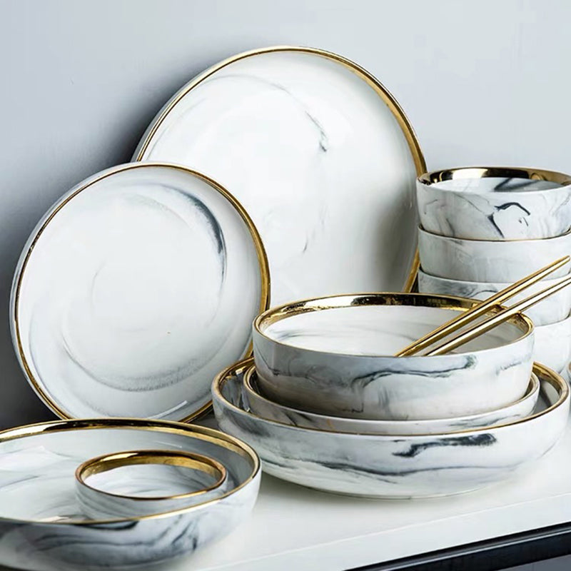 Marble Ceramic Dinner Plates with Golden Rim